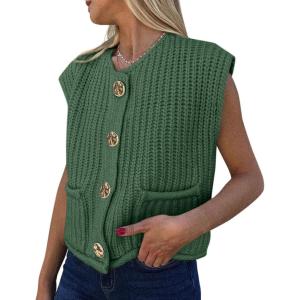 PRETTYGARDEN Women’s Summer Sweaters Vest 2025 Sleeveless Button Down Cropped Pockets Chunky Knit Cardigan Trendy Tank Tops(Green)