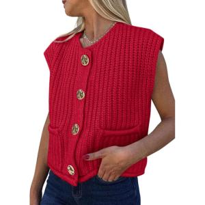 PRETTYGARDEN Women’s Summer Sweaters Vest 2025 Sleeveless Button Down Cropped Pockets Chunky Knit Cardigan Trendy Tank Tops(Red)