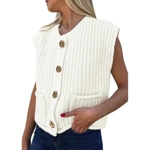 PRETTYGARDEN Women’s Summer Sweaters Vest 2025 Sleeveless Button Down Cropped Pockets Chunky Knit Cardigan Trendy Tank Tops(White)