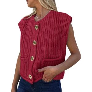 PRETTYGARDEN Women’s Summer Sweaters Vest 2025 Sleeveless Button Down Cropped Pockets Chunky Knit Cardigan Trendy Tank Tops(Wine Red)