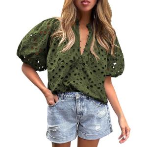 PRETTYGARDEN Women’s Summer Tops 2026 Dressy Casual Short Sleeve V Neck Buttons Hollow Eyelet Lace Embroidered Blouses Shirts(Army Green)