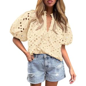 PRETTYGARDEN Women’s Summer Tops 2026 Dressy Casual Short Sleeve V Neck Buttons Hollow Eyelet Lace Embroidered Blouses Shirts(Beige)