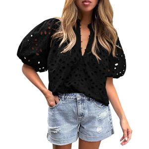 PRETTYGARDEN Women’s Summer Tops 2026 Dressy Casual Short Sleeve V Neck Buttons Hollow Eyelet Lace Embroidered Blouses Shirts(Black)