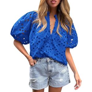 PRETTYGARDEN Women’s Summer Tops 2026 Dressy Casual Short Sleeve V Neck Buttons Hollow Eyelet Lace Embroidered Blouses Shirts(Blue)