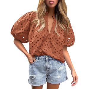 PRETTYGARDEN Women’s Summer Tops 2026 Dressy Casual Short Sleeve V Neck Buttons Hollow Eyelet Lace Embroidered Blouses Shirts(Brick Red)