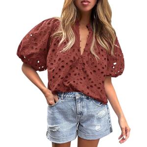 PRETTYGARDEN Women’s Summer Tops 2026 Dressy Casual Short Sleeve V Neck Buttons Hollow Eyelet Lace Embroidered Blouses Shirts(Brown Red)
