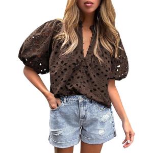 PRETTYGARDEN Women’s Summer Tops 2026 Dressy Casual Short Sleeve V Neck Buttons Hollow Eyelet Lace Embroidered Blouses Shirts(Coffee)