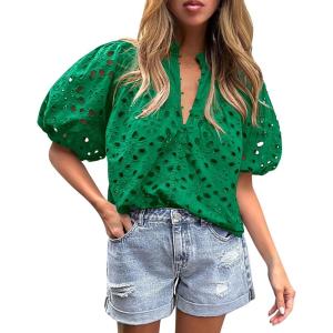 PRETTYGARDEN Women’s Summer Tops 2026 Dressy Casual Short Sleeve V Neck Buttons Hollow Eyelet Lace Embroidered Blouses Shirts(Dark Green)