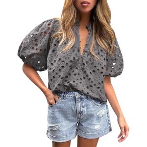 PRETTYGARDEN Women’s Summer Tops 2026 Dressy Casual Short Sleeve V Neck Buttons Hollow Eyelet Lace Embroidered Blouses Shirts(Dark Grey)
