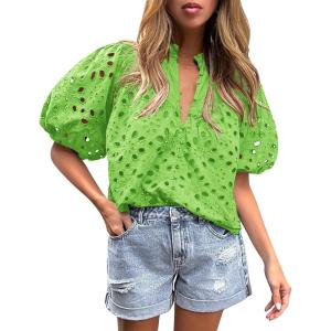 PRETTYGARDEN Women’s Summer Tops 2026 Dressy Casual Short Sleeve V Neck Buttons Hollow Eyelet Lace Embroidered Blouses Shirts(Grass Green)