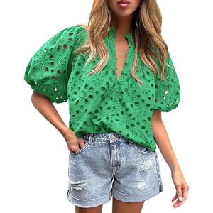 PRETTYGARDEN Women’s Summer Tops 2026 Dressy Casual Short Sleeve V Neck Buttons Hollow Eyelet Lace Embroidered Blouses Shirts(Green)