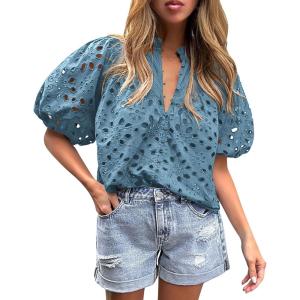 PRETTYGARDEN Women’s Summer Tops 2026 Dressy Casual Short Sleeve V Neck Buttons Hollow Eyelet Lace Embroidered Blouses Shirts(Grey Blue)