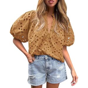 PRETTYGARDEN Women’s Summer Tops 2026 Dressy Casual Short Sleeve V Neck Buttons Hollow Eyelet Lace Embroidered Blouses Shirts(Khaki)