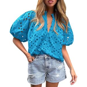 PRETTYGARDEN Women’s Summer Tops 2026 Dressy Casual Short Sleeve V Neck Buttons Hollow Eyelet Lace Embroidered Blouses Shirts(Lake Blue)