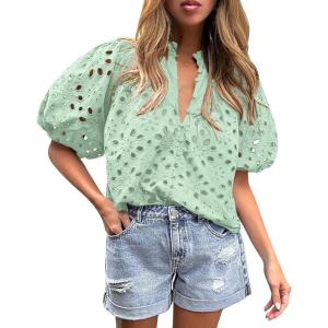 PRETTYGARDEN Women’s Summer Tops 2026 Dressy Casual Short Sleeve V Neck Buttons Hollow Eyelet Lace Embroidered Blouses Shirts(Light Green)