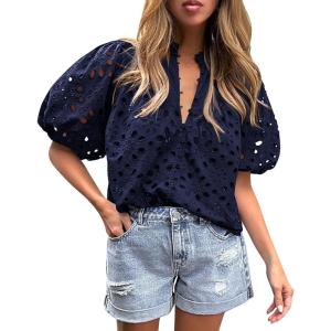 PRETTYGARDEN Women’s Summer Tops 2026 Dressy Casual Short Sleeve V Neck Buttons Hollow Eyelet Lace Embroidered Blouses Shirts(Navy)