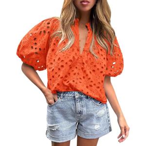 PRETTYGARDEN Women’s Summer Tops 2026 Dressy Casual Short Sleeve V Neck Buttons Hollow Eyelet Lace Embroidered Blouses Shirts(Orange)