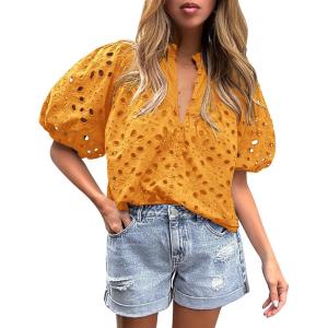 PRETTYGARDEN Women’s Summer Tops 2026 Dressy Casual Short Sleeve V Neck Buttons Hollow Eyelet Lace Embroidered Blouses Shirts(Orange Yellow)