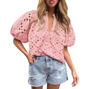 PRETTYGARDEN Women’s Summer Tops 2026 Dressy Casual Short Sleeve V Neck Buttons Hollow Eyelet Lace Embroidered Blouses Shirts(Pink)