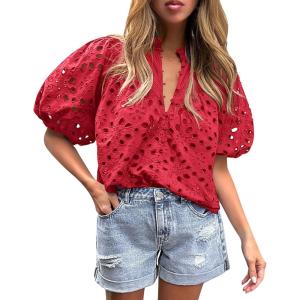 PRETTYGARDEN Women’s Summer Tops 2026 Dressy Casual Short Sleeve V Neck Buttons Hollow Eyelet Lace Embroidered Blouses Shirts(Red)