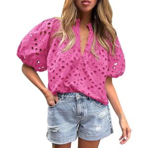 PRETTYGARDEN Women’s Summer Tops 2026 Dressy Casual Short Sleeve V Neck Buttons Hollow Eyelet Lace Embroidered Blouses Shirts(Rose Pink)