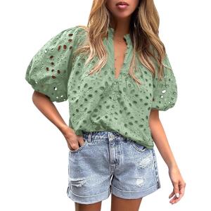 PRETTYGARDEN Women’s Summer Tops 2026 Dressy Casual Short Sleeve V Neck Buttons Hollow Eyelet Lace Embroidered Blouses Shirts(Sage Green)