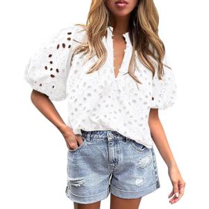 PRETTYGARDEN Women’s Summer Tops 2026 Dressy Casual Short Sleeve V Neck Buttons Hollow Eyelet Lace Embroidered Blouses Shirts(White)