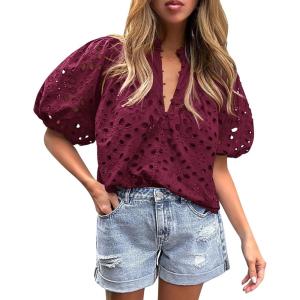 PRETTYGARDEN Women’s Summer Tops 2026 Dressy Casual Short Sleeve V Neck Buttons Hollow Eyelet Lace Embroidered Blouses Shirts(Wine Red)