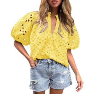PRETTYGARDEN Women’s Summer Tops 2026 Dressy Casual Short Sleeve V Neck Buttons Hollow Eyelet Lace Embroidered Blouses Shirts(Yellow)