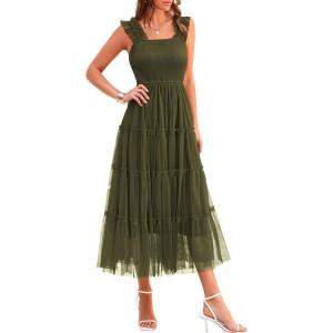 PRETTYGARDEN Women’s Summer Tulle Midi Dress Sleeveless Smocked Ruffle Flowy Mesh Dresses Party Wedding Guest Sundress(Army Green)