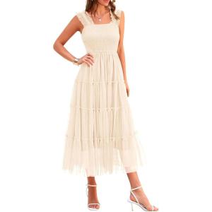 PRETTYGARDEN Women’s Summer Tulle Midi Dress Sleeveless Smocked Ruffle Flowy Mesh Dresses Party Wedding Guest Sundress(Beige)