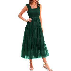 PRETTYGARDEN Women’s Summer Tulle Midi Dress Sleeveless Smocked Ruffle Flowy Mesh Dresses Party Wedding Guest Sundress(Dark Green)