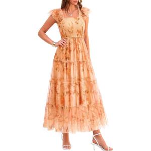 PRETTYGARDEN Women’s Summer Tulle Midi Dress Sleeveless Smocked Ruffle Flowy Mesh Dresses Party Wedding Guest Sundress(Floral Apricot Orange)