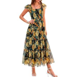 PRETTYGARDEN Women’s Summer Tulle Midi Dress Sleeveless Smocked Ruffle Flowy Mesh Dresses Party Wedding Guest Sundress(Floral Black Yellow)