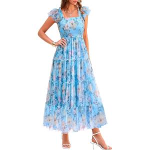PRETTYGARDEN Women’s Summer Tulle Midi Dress Sleeveless Smocked Ruffle Flowy Mesh Dresses Party Wedding Guest Sundress(Floral Blue Yellow)