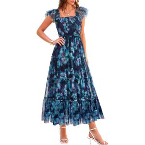 PRETTYGARDEN Women’s Summer Tulle Midi Dress Sleeveless Smocked Ruffle Flowy Mesh Dresses Party Wedding Guest Sundress(Floral Navy Blue)