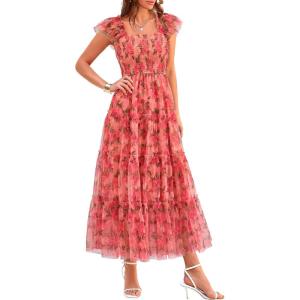 PRETTYGARDEN Women’s Summer Tulle Midi Dress Sleeveless Smocked Ruffle Flowy Mesh Dresses Party Wedding Guest Sundress(Floral Orange Pink Red)