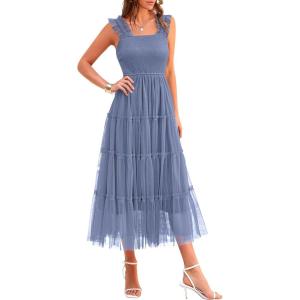 PRETTYGARDEN Women’s Summer Tulle Midi Dress Sleeveless Smocked Ruffle Flowy Mesh Dresses Party Wedding Guest Sundress(Grey Blue)