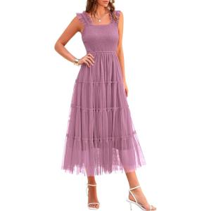PRETTYGARDEN Women’s Summer Tulle Midi Dress Sleeveless Smocked Ruffle Flowy Mesh Dresses Party Wedding Guest Sundress(Grey Purple)