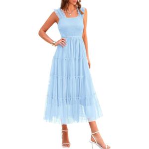 PRETTYGARDEN Women’s Summer Tulle Midi Dress Sleeveless Smocked Ruffle Flowy Mesh Dresses Party Wedding Guest Sundress(Light Blue)