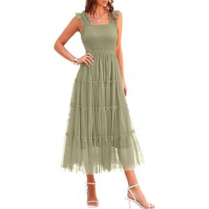 PRETTYGARDEN Women’s Summer Tulle Midi Dress Sleeveless Smocked Ruffle Flowy Mesh Dresses Party Wedding Guest Sundress(Light Green)