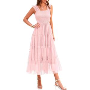 PRETTYGARDEN Women’s Summer Tulle Midi Dress Sleeveless Smocked Ruffle Flowy Mesh Dresses Party Wedding Guest Sundress(Light Pink)