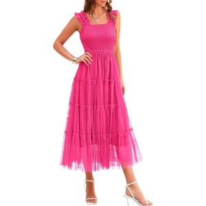 PRETTYGARDEN Women’s Summer Tulle Midi Dress Sleeveless Smocked Ruffle Flowy Mesh Dresses Party Wedding Guest Sundress(Rose Red)