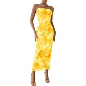 PRETTYGARDEN Women’s Summer Wedding Guest Dress Strapless Tube Top Maxi Bodycon Long Floral Mesh Beach Vacation Party Dresses(Floral Yellow)