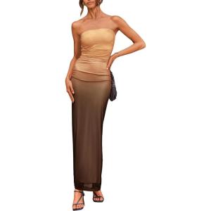 PRETTYGARDEN Women’s Summer Wedding Guest Dress Strapless Tube Top Maxi Bodycon Long Floral Mesh Beach Vacation Party Dresses(Gradient Apricot Brown)