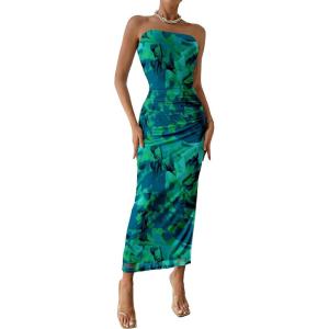 PRETTYGARDEN Women’s Summer Wedding Guest Dress Strapless Tube Top Maxi Bodycon Long Floral Mesh Beach Vacation Party Dresses(Green Big Floral)