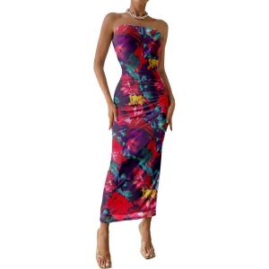 PRETTYGARDEN Women’s Summer Wedding Guest Dress Strapless Tube Top Maxi Bodycon Long Floral Mesh Beach Vacation Party Dresses(Navy Red Big Floral)