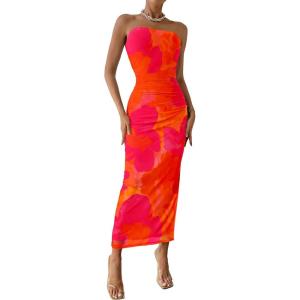 PRETTYGARDEN Women’s Summer Wedding Guest Dress Strapless Tube Top Maxi Bodycon Long Floral Mesh Beach Vacation Party Dresses(Orange Red Big Floral)