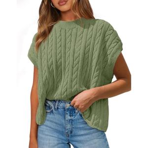 PRETTYGARDEN Women’s Sweater Vest 2025 Summer Short Sleeve Tops Casual Crewneck Knit Oversized Pullover Trendy Spring Outfits(Bean Green)