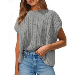 PRETTYGARDEN Women’s Sweater Vest 2025 Summer Short Sleeve Tops Casual Crewneck Knit Oversized Pullover Trendy Spring Outfits(Grey)